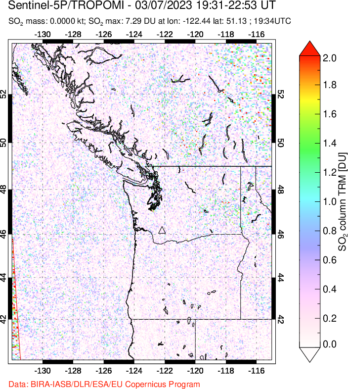 A sulfur dioxide image over Cascade Range, USA on Mar 07, 2023.