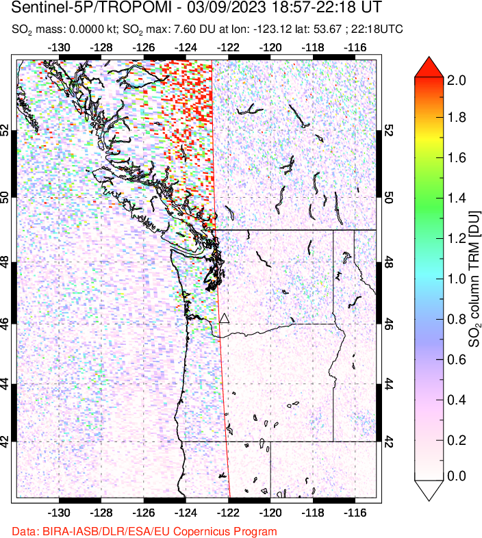 A sulfur dioxide image over Cascade Range, USA on Mar 09, 2023.