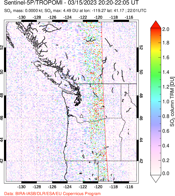 A sulfur dioxide image over Cascade Range, USA on Mar 15, 2023.