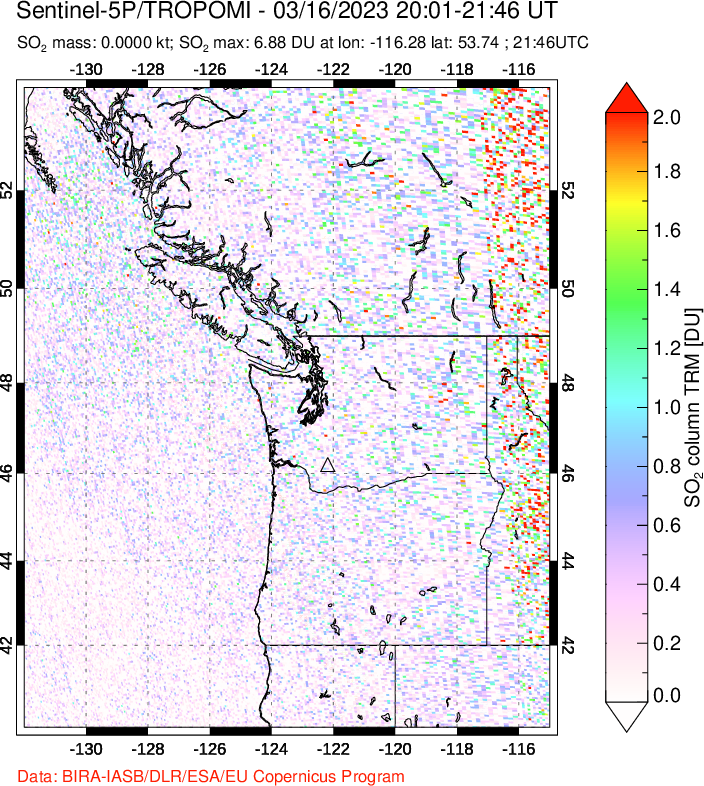 A sulfur dioxide image over Cascade Range, USA on Mar 16, 2023.