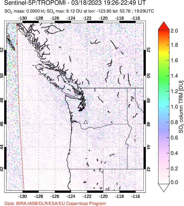 A sulfur dioxide image over Cascade Range, USA on Mar 18, 2023.