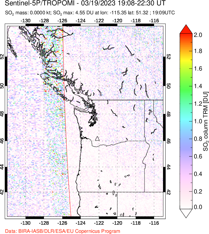 A sulfur dioxide image over Cascade Range, USA on Mar 19, 2023.