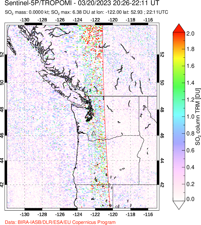 A sulfur dioxide image over Cascade Range, USA on Mar 20, 2023.