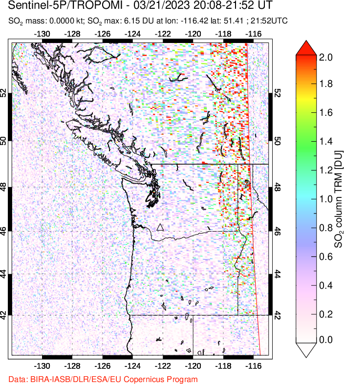 A sulfur dioxide image over Cascade Range, USA on Mar 21, 2023.