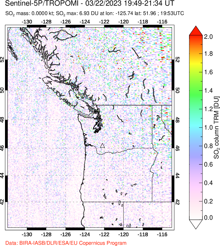 A sulfur dioxide image over Cascade Range, USA on Mar 22, 2023.