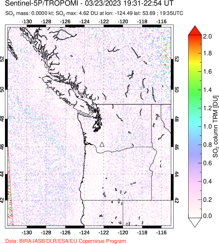 A sulfur dioxide image over Cascade Range, USA on Mar 23, 2023.