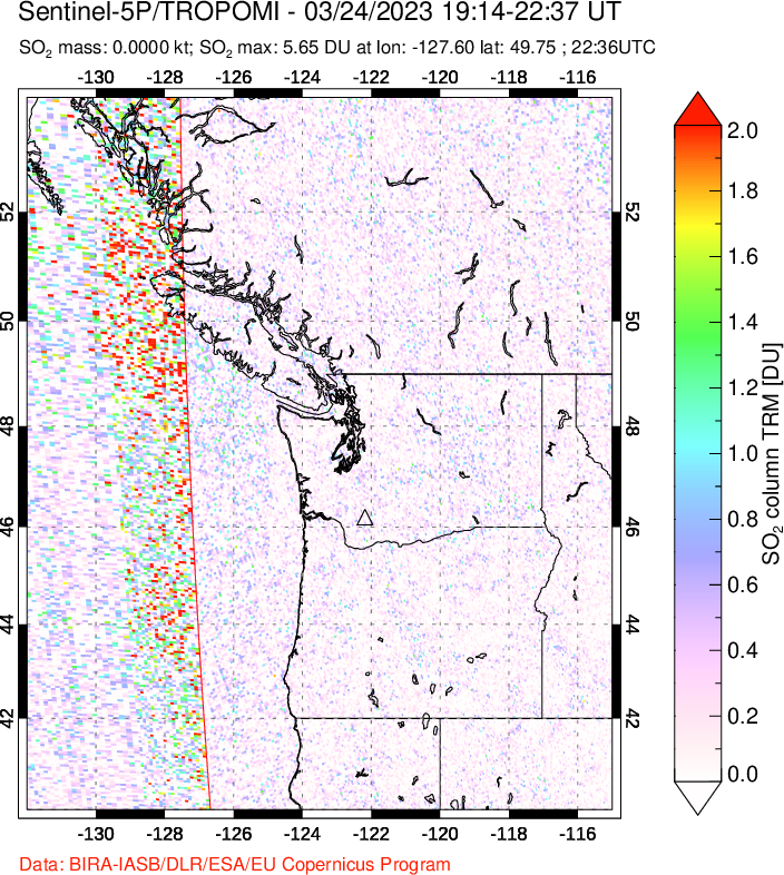 A sulfur dioxide image over Cascade Range, USA on Mar 24, 2023.