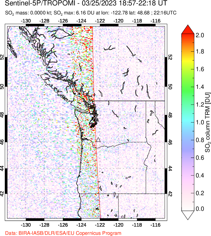 A sulfur dioxide image over Cascade Range, USA on Mar 25, 2023.