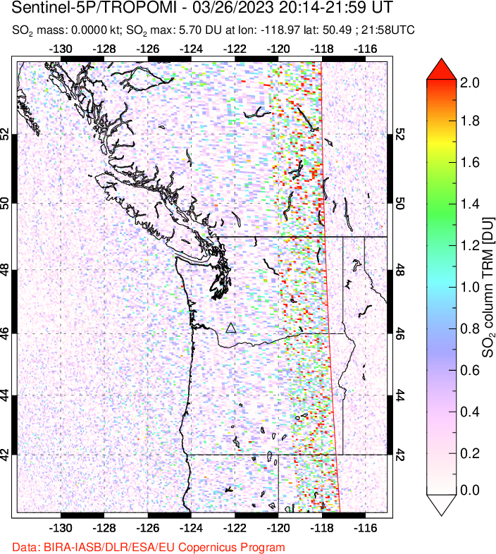 A sulfur dioxide image over Cascade Range, USA on Mar 26, 2023.