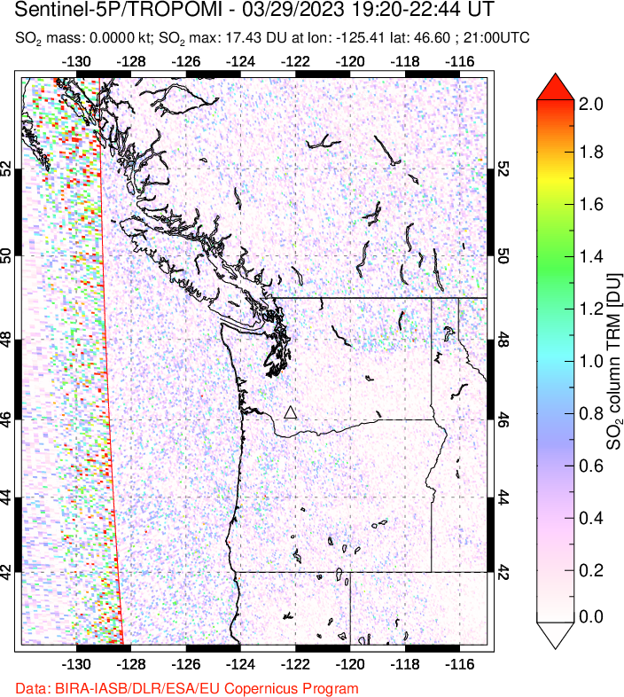 A sulfur dioxide image over Cascade Range, USA on Mar 29, 2023.