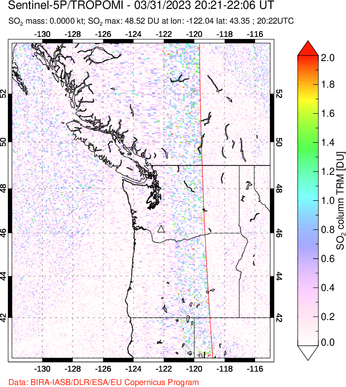 A sulfur dioxide image over Cascade Range, USA on Mar 31, 2023.