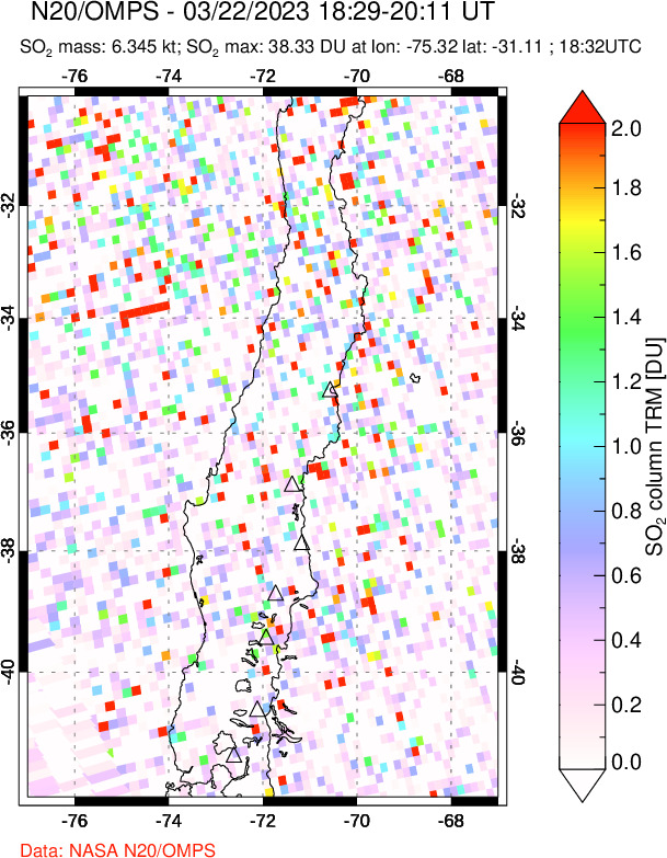 A sulfur dioxide image over Central Chile on Mar 22, 2023.
