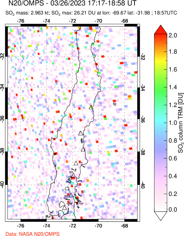 A sulfur dioxide image over Central Chile on Mar 26, 2023.