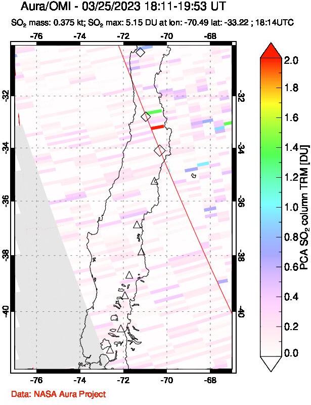 A sulfur dioxide image over Central Chile on Mar 25, 2023.