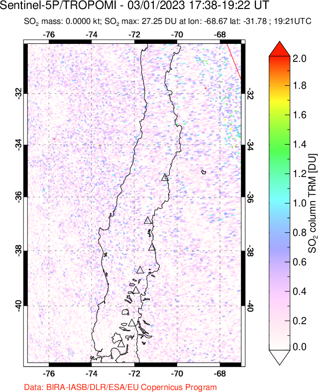 A sulfur dioxide image over Central Chile on Mar 01, 2023.