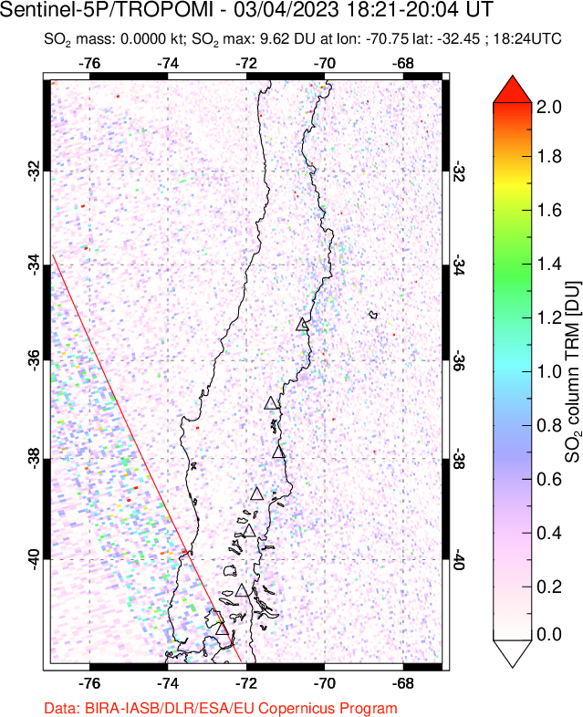 A sulfur dioxide image over Central Chile on Mar 04, 2023.