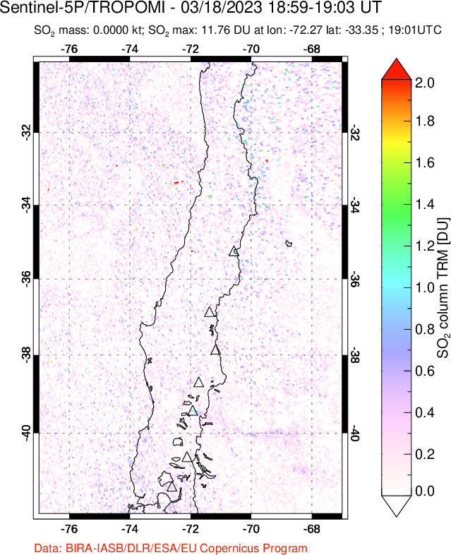A sulfur dioxide image over Central Chile on Mar 18, 2023.