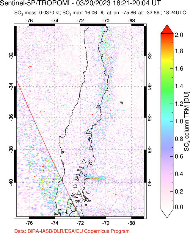 A sulfur dioxide image over Central Chile on Mar 20, 2023.