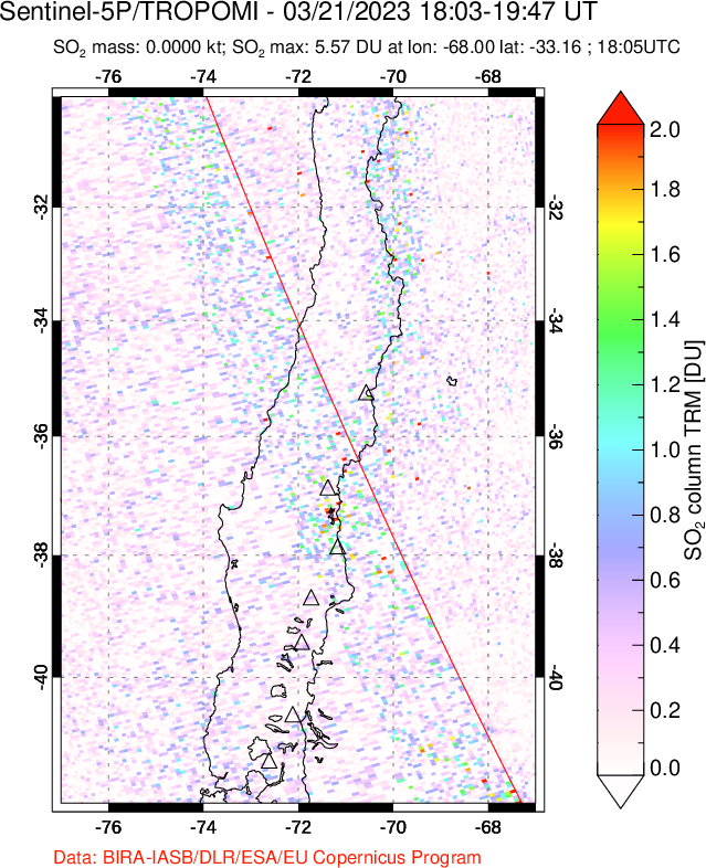 A sulfur dioxide image over Central Chile on Mar 21, 2023.