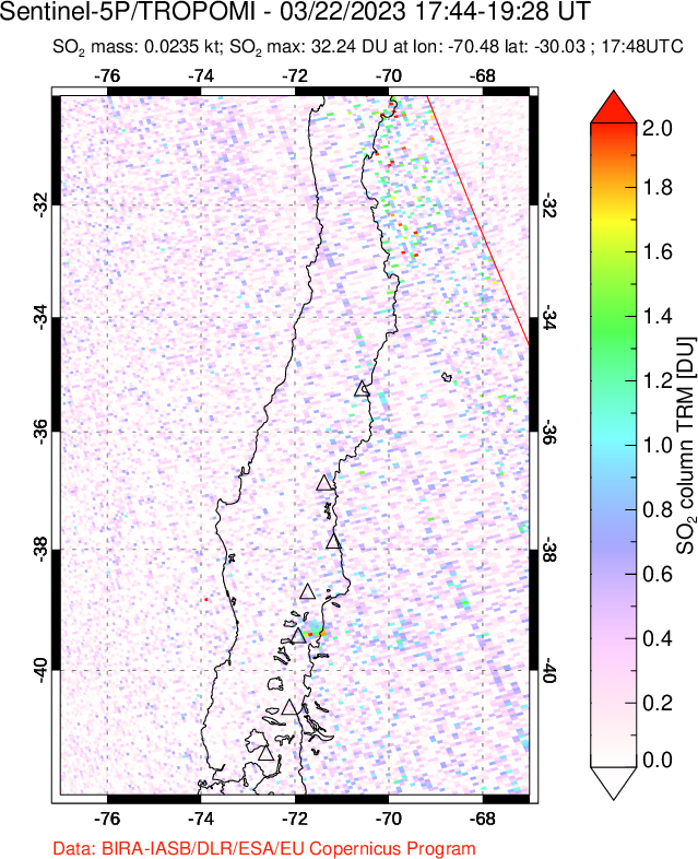 A sulfur dioxide image over Central Chile on Mar 22, 2023.