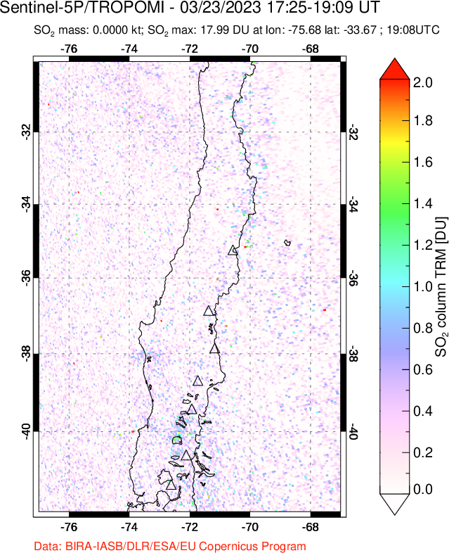 A sulfur dioxide image over Central Chile on Mar 23, 2023.