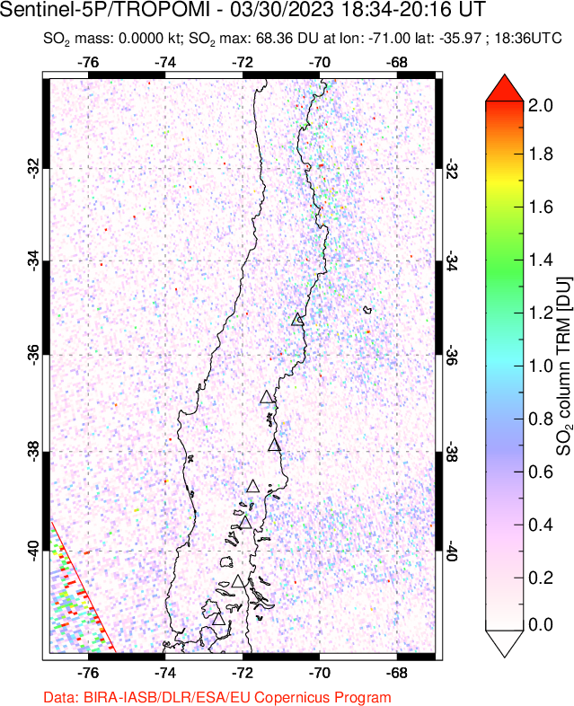 A sulfur dioxide image over Central Chile on Mar 30, 2023.