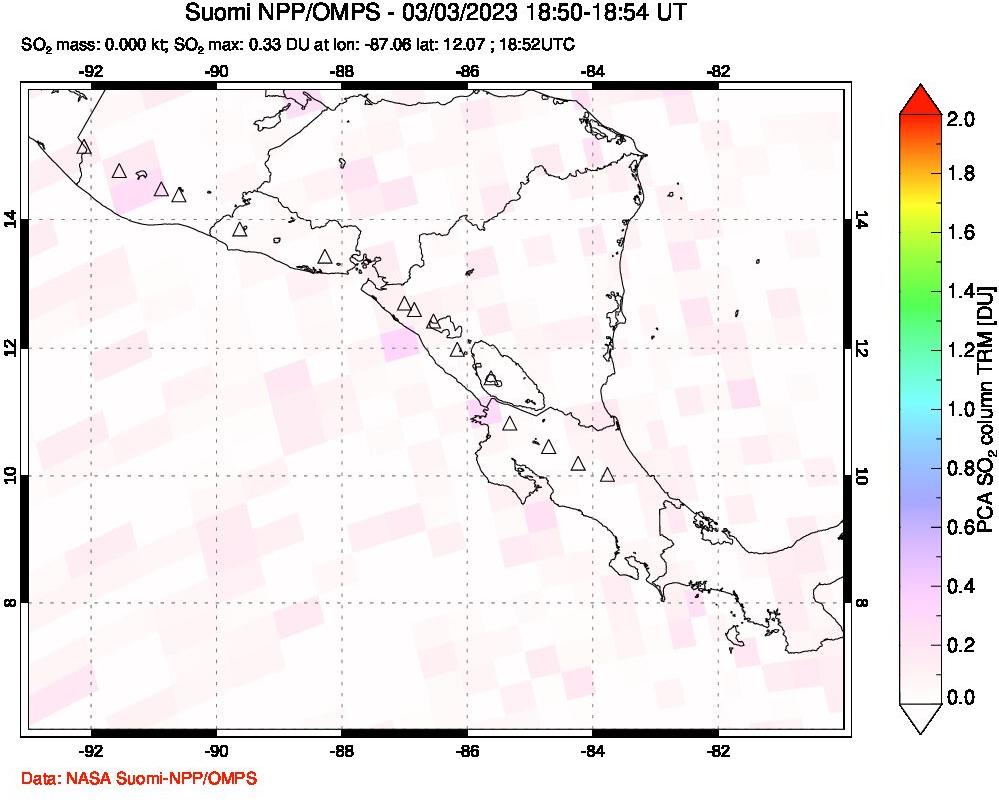 A sulfur dioxide image over Central America on Mar 03, 2023.