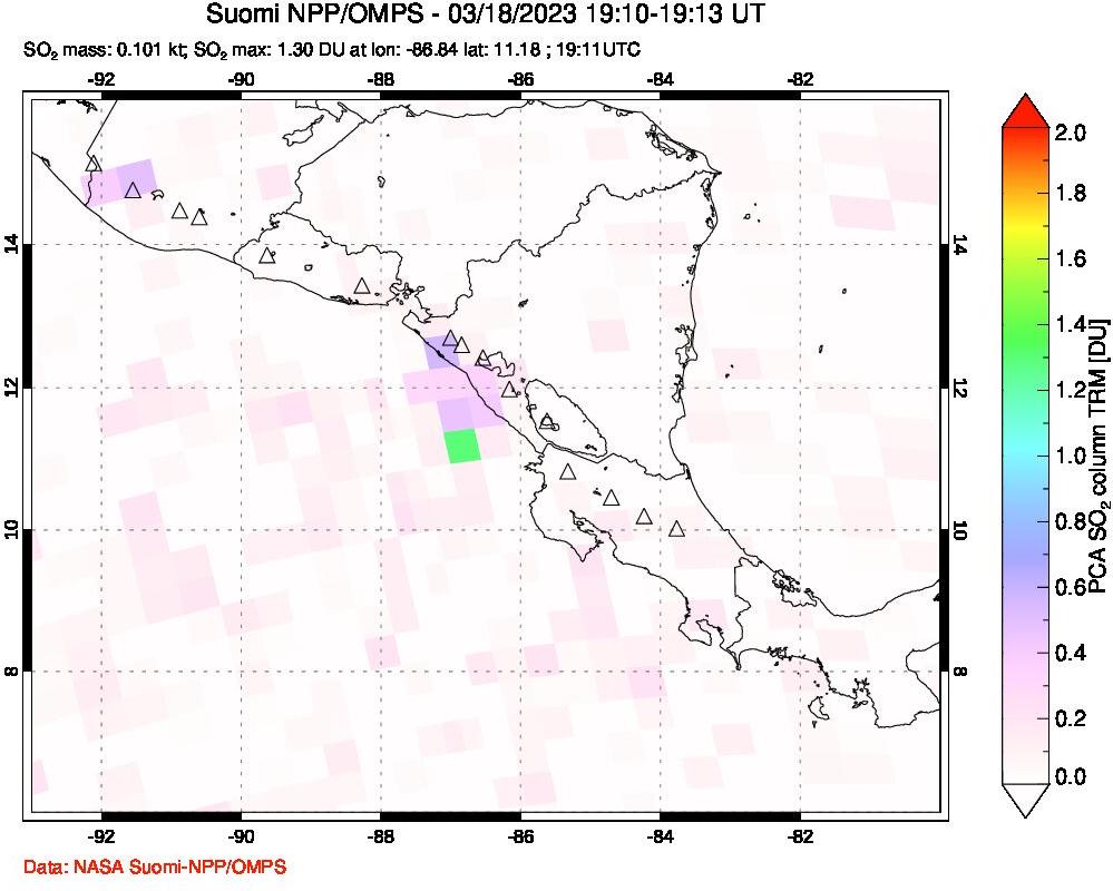 A sulfur dioxide image over Central America on Mar 18, 2023.