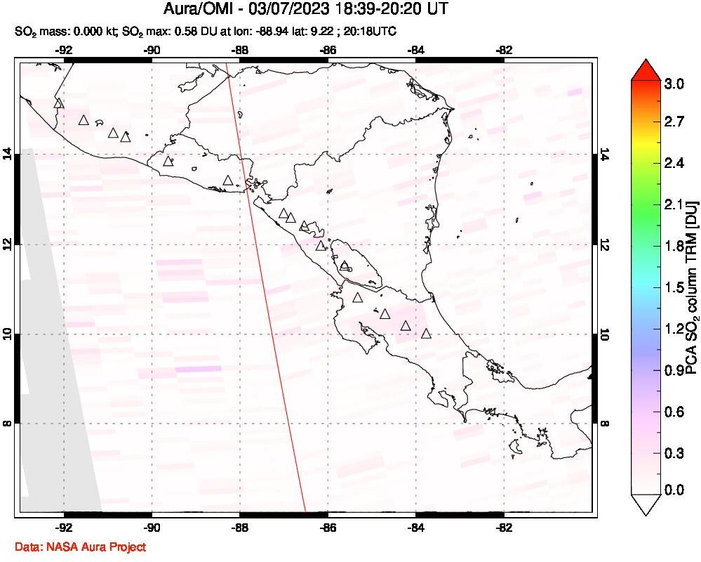 A sulfur dioxide image over Central America on Mar 07, 2023.