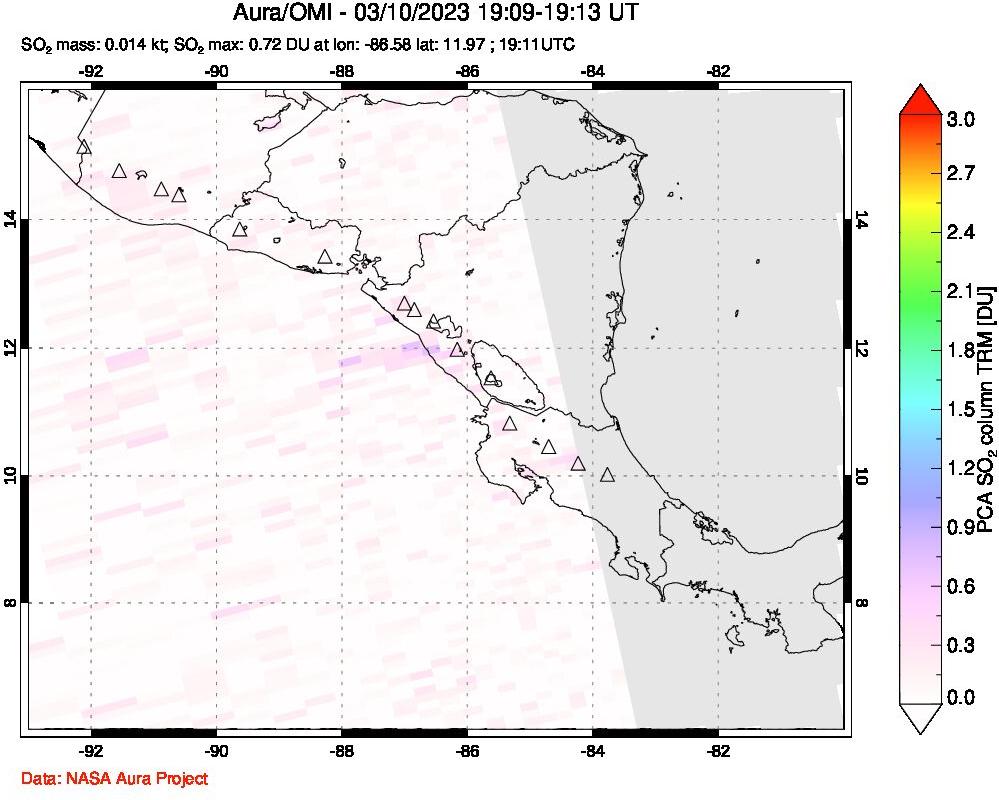 A sulfur dioxide image over Central America on Mar 10, 2023.