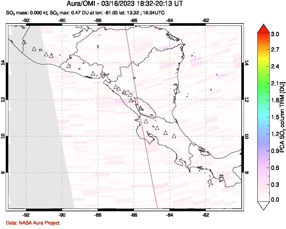 A sulfur dioxide image over Central America on Mar 16, 2023.