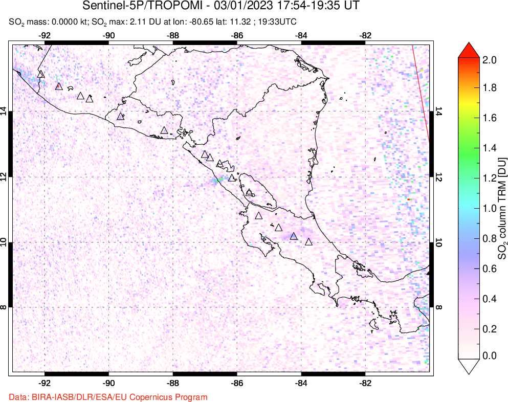 A sulfur dioxide image over Central America on Mar 01, 2023.
