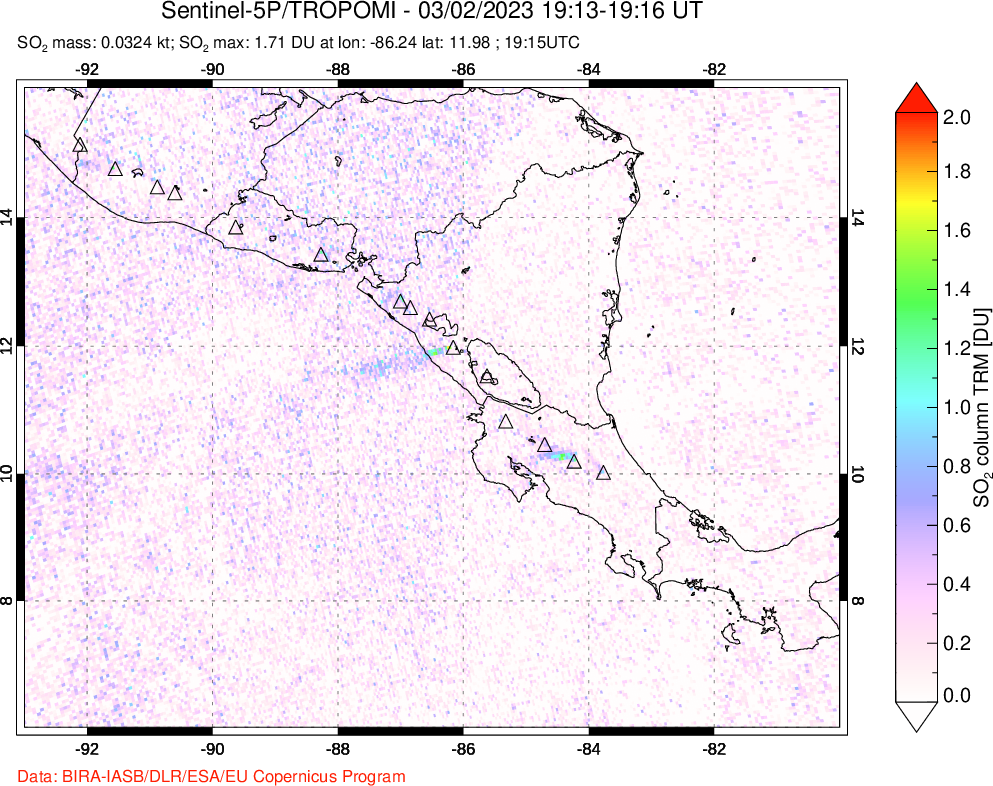 A sulfur dioxide image over Central America on Mar 02, 2023.
