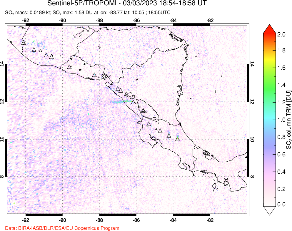 A sulfur dioxide image over Central America on Mar 03, 2023.