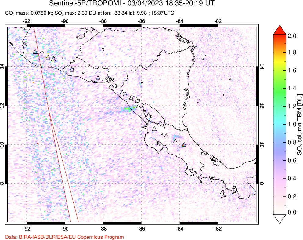 A sulfur dioxide image over Central America on Mar 04, 2023.