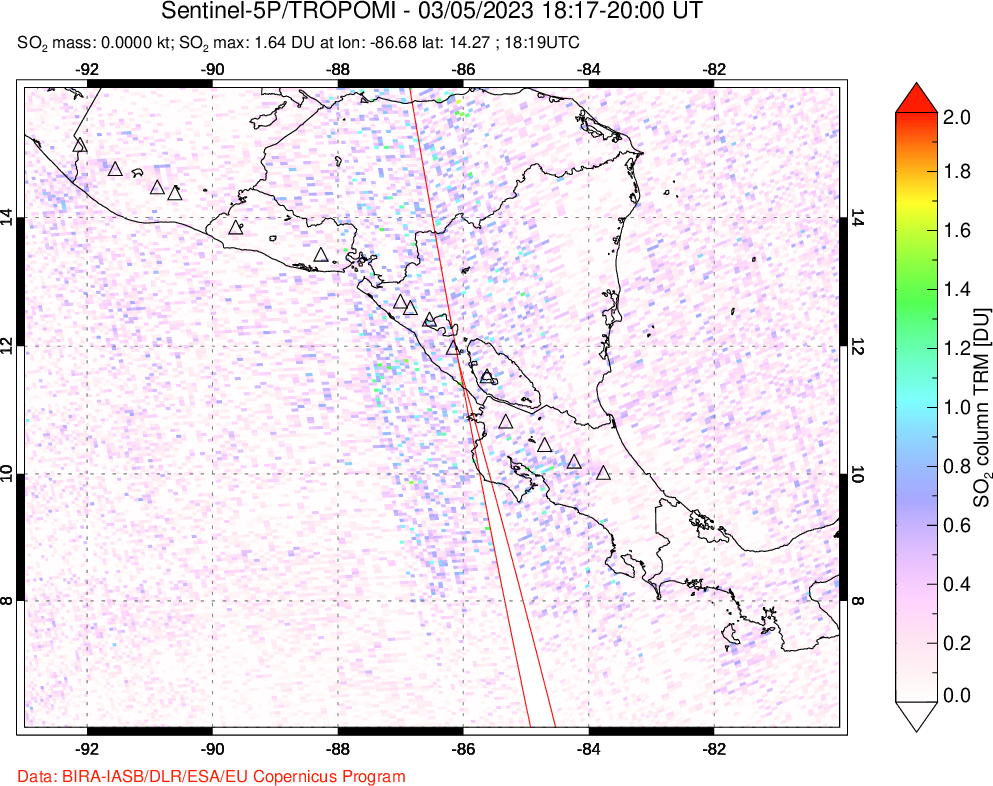 A sulfur dioxide image over Central America on Mar 05, 2023.