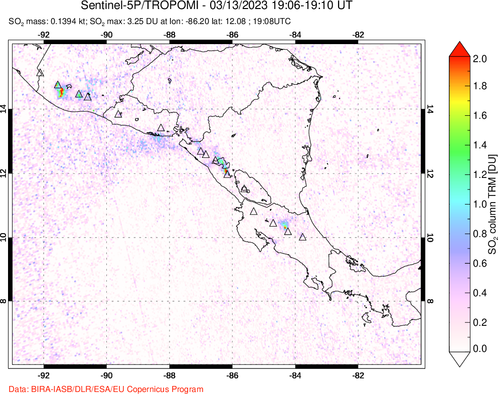 A sulfur dioxide image over Central America on Mar 13, 2023.