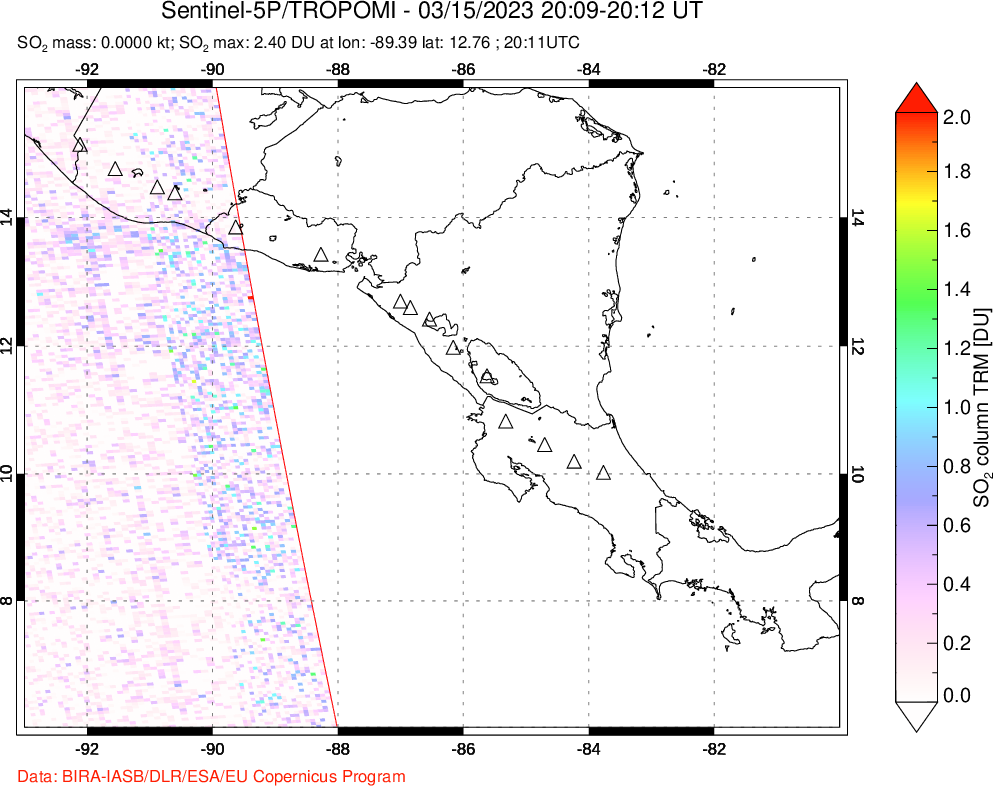 A sulfur dioxide image over Central America on Mar 15, 2023.