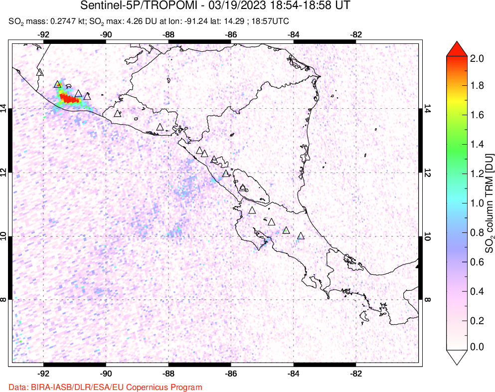 A sulfur dioxide image over Central America on Mar 19, 2023.