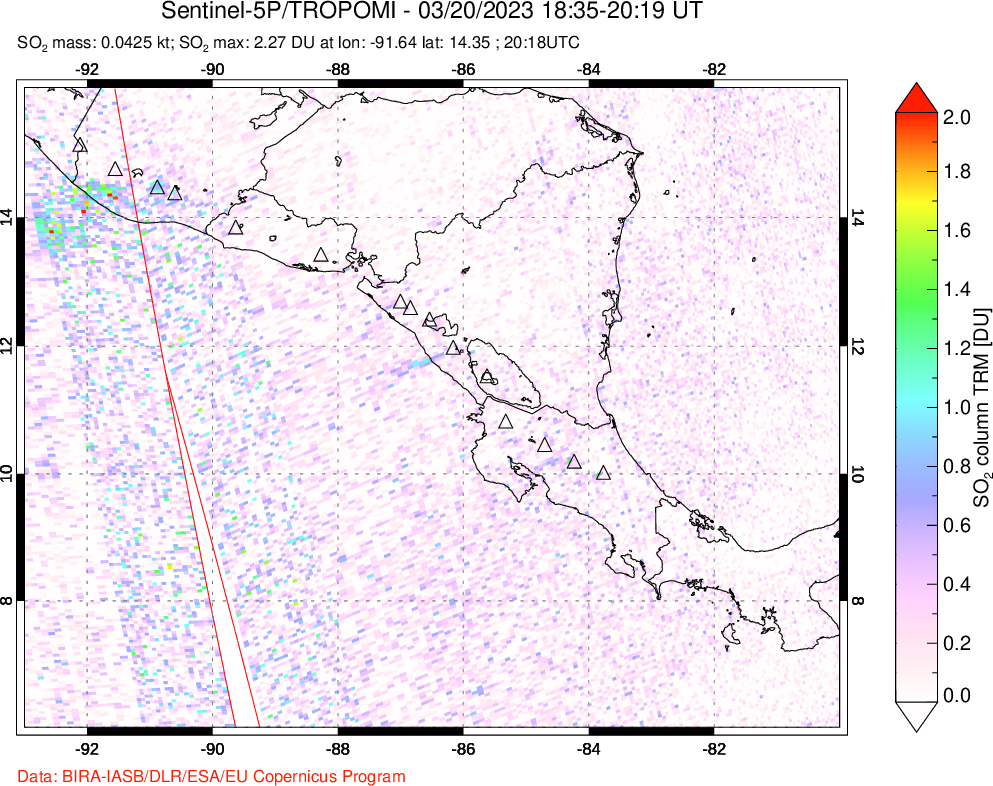 A sulfur dioxide image over Central America on Mar 20, 2023.