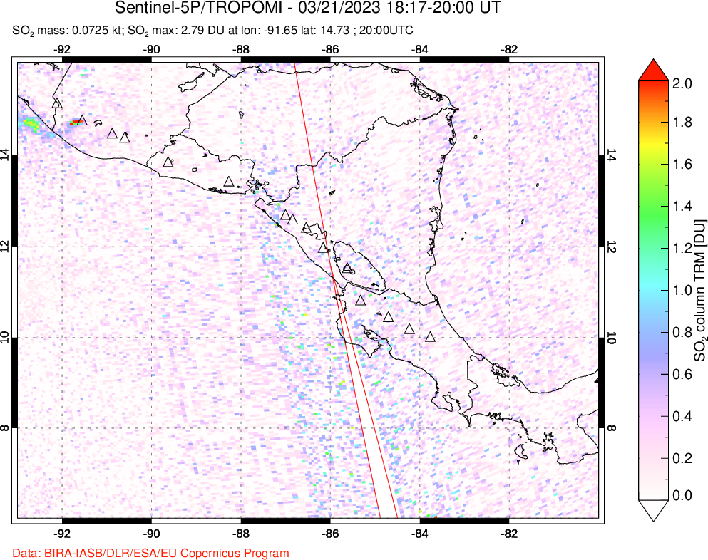 A sulfur dioxide image over Central America on Mar 21, 2023.