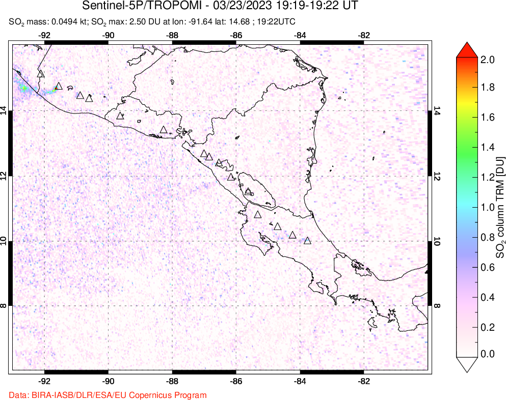 A sulfur dioxide image over Central America on Mar 23, 2023.