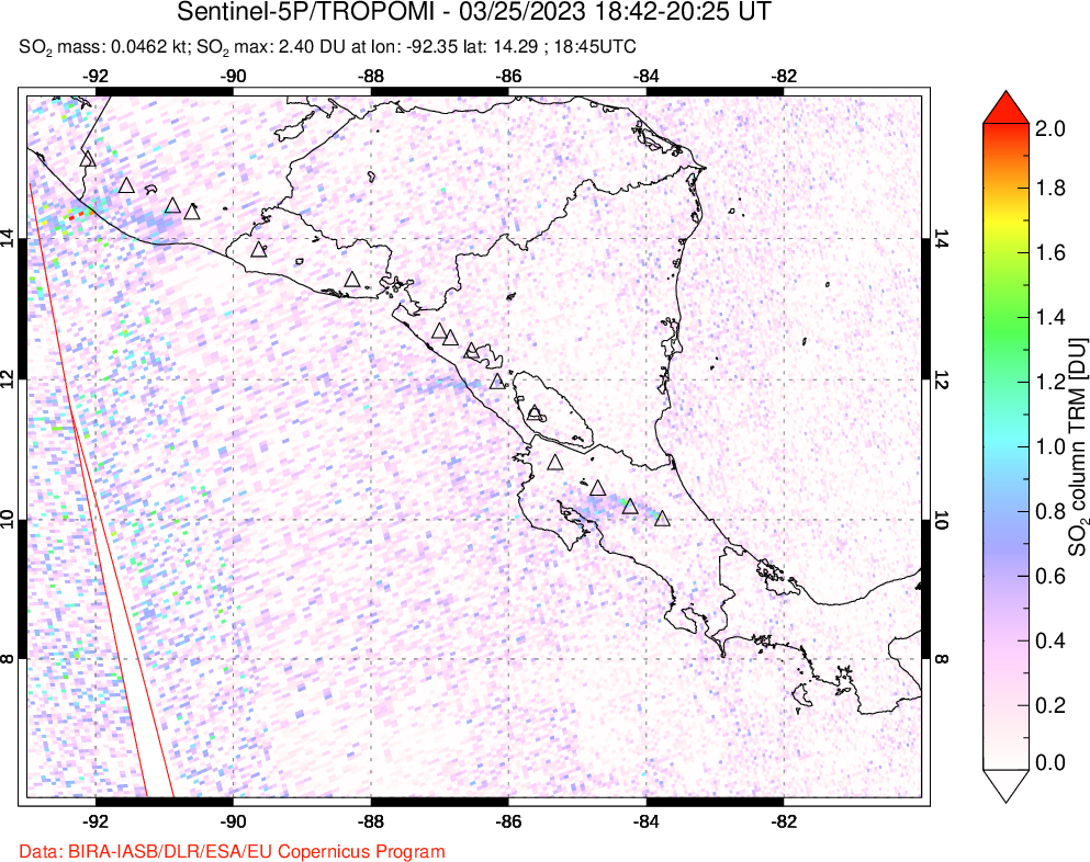 A sulfur dioxide image over Central America on Mar 25, 2023.