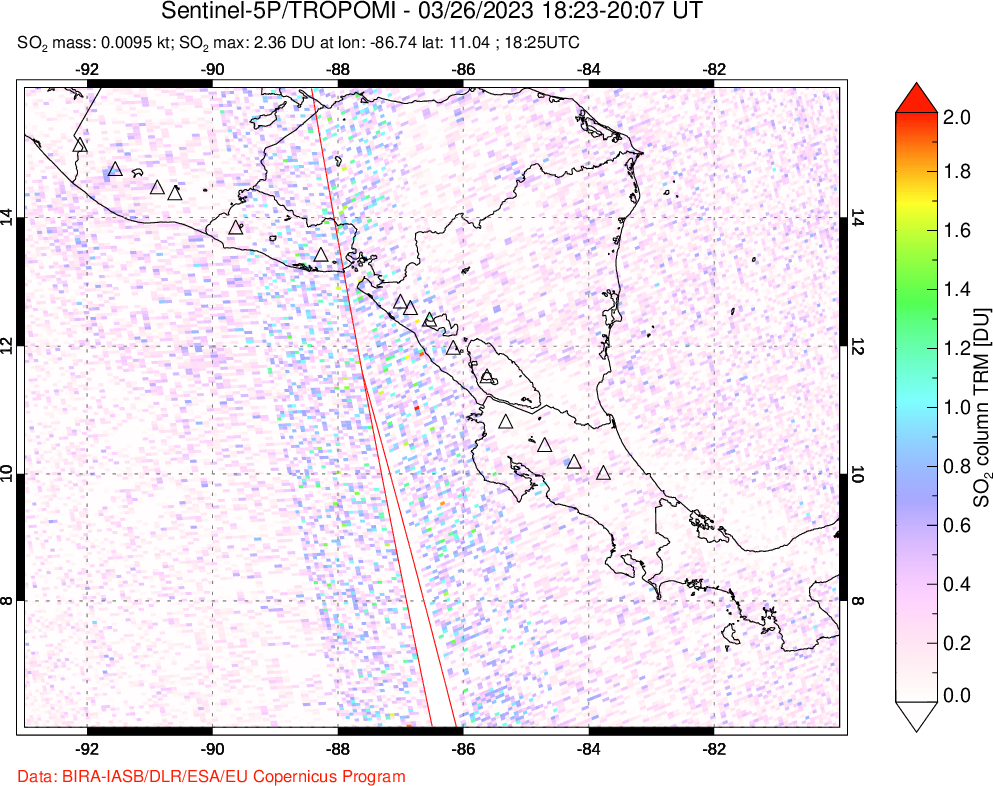 A sulfur dioxide image over Central America on Mar 26, 2023.