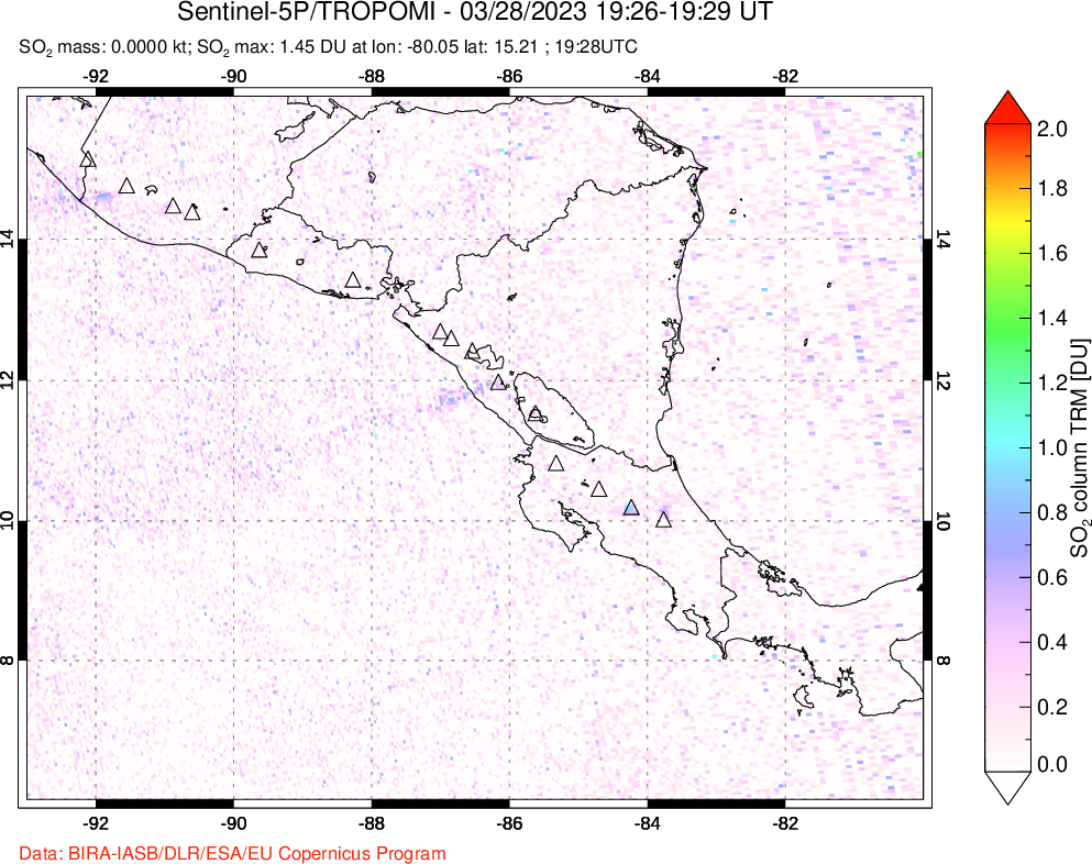 A sulfur dioxide image over Central America on Mar 28, 2023.