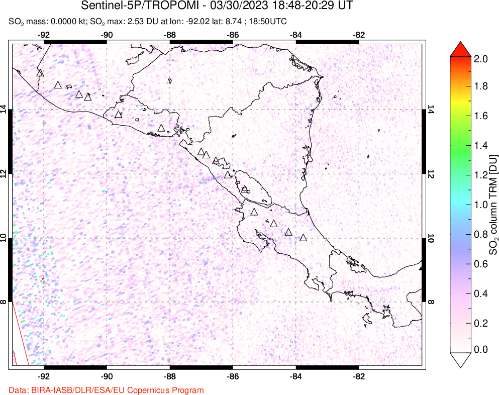 A sulfur dioxide image over Central America on Mar 30, 2023.