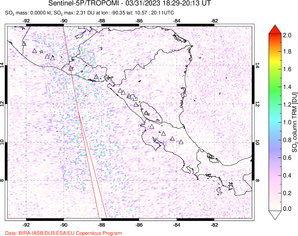 A sulfur dioxide image over Central America on Mar 31, 2023.