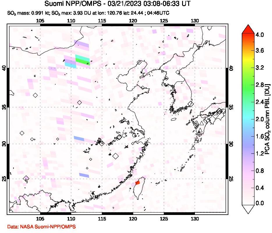 A sulfur dioxide image over Eastern China on Mar 21, 2023.