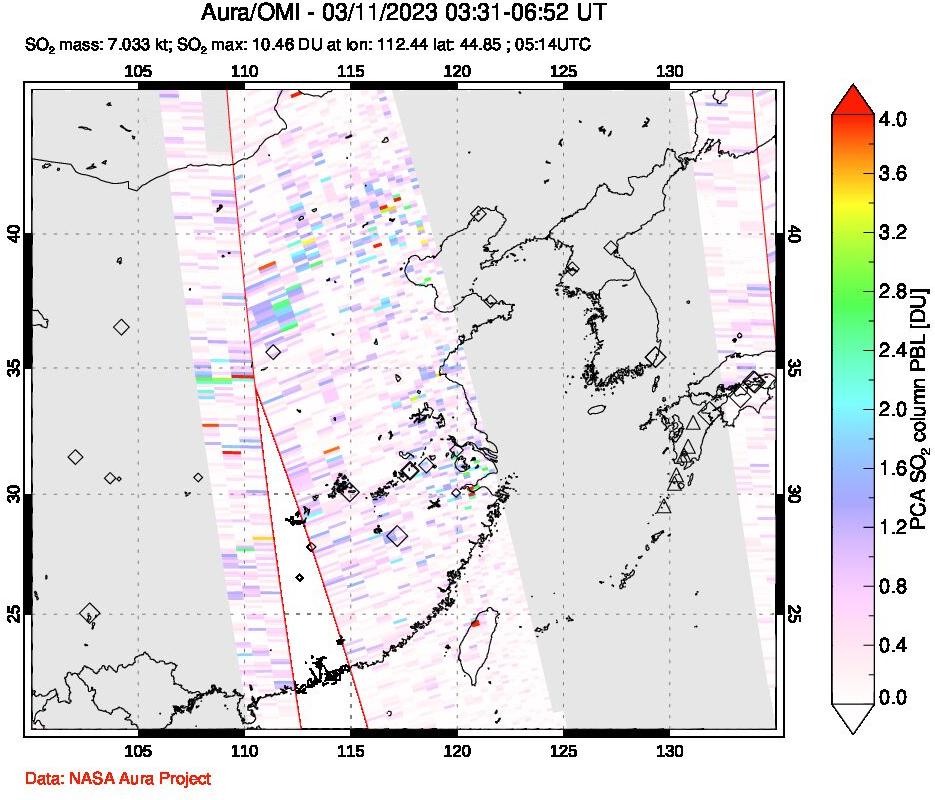 A sulfur dioxide image over Eastern China on Mar 11, 2023.