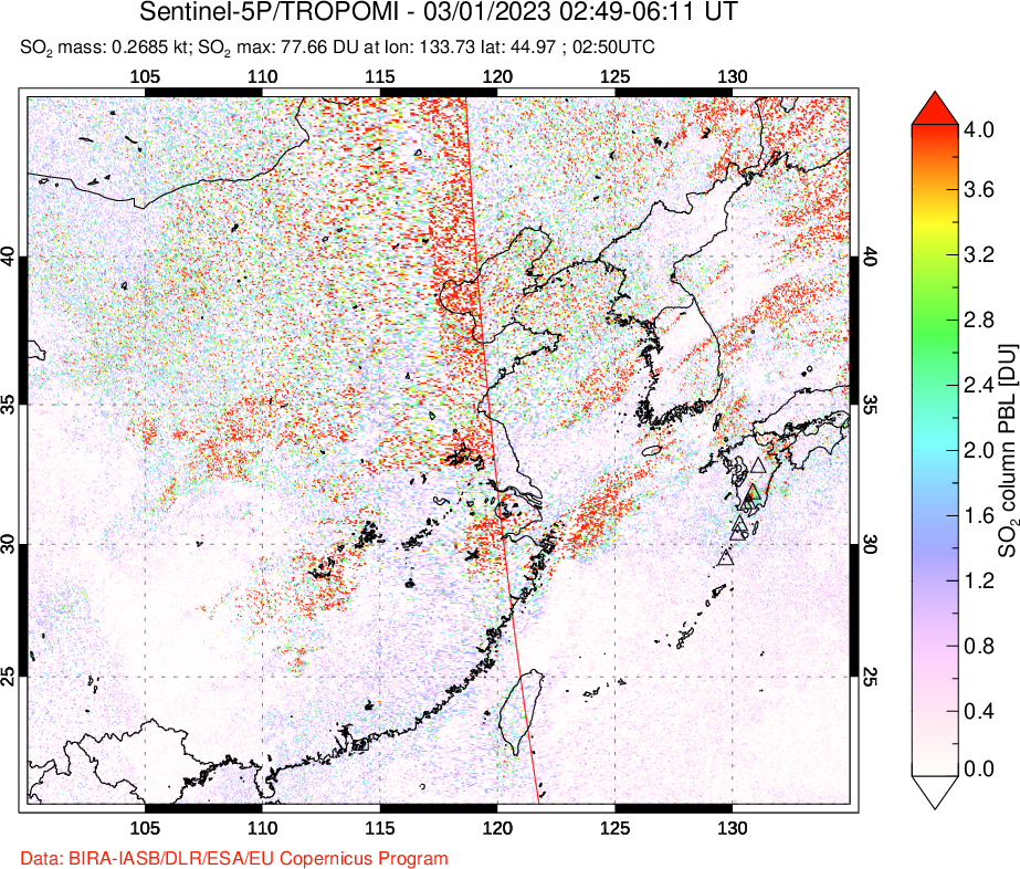 A sulfur dioxide image over Eastern China on Mar 01, 2023.